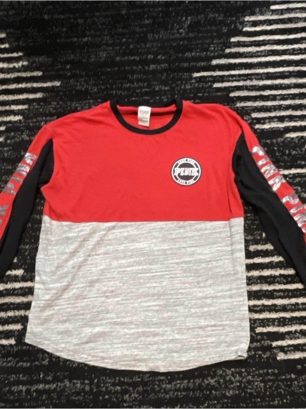 PINK Victoria's Secret Red, Black & Gray Long Sleeve Colorblock Top